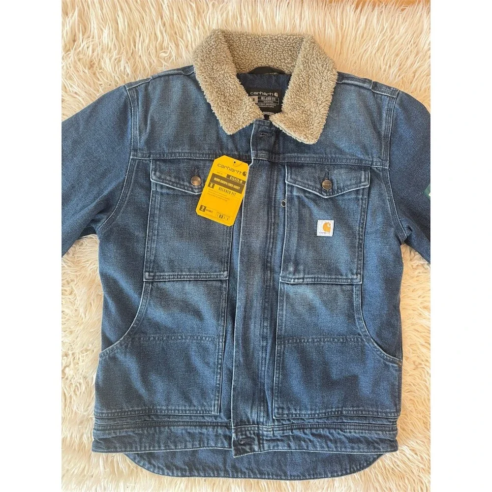 CUTE Carhartt Men's Relaxed Fit Sherpa-Lined Denim Jacket Blue Full Zip Size S - Picture 2 of 15